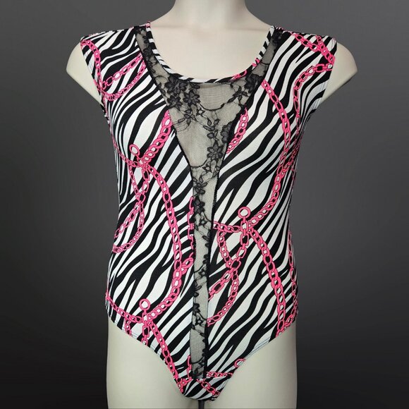 Y2K Zebra Print Bodysuit Top Size M Lace Trim Neon Trashy Mcbling Scene Gyaru - Picture 1 of 9